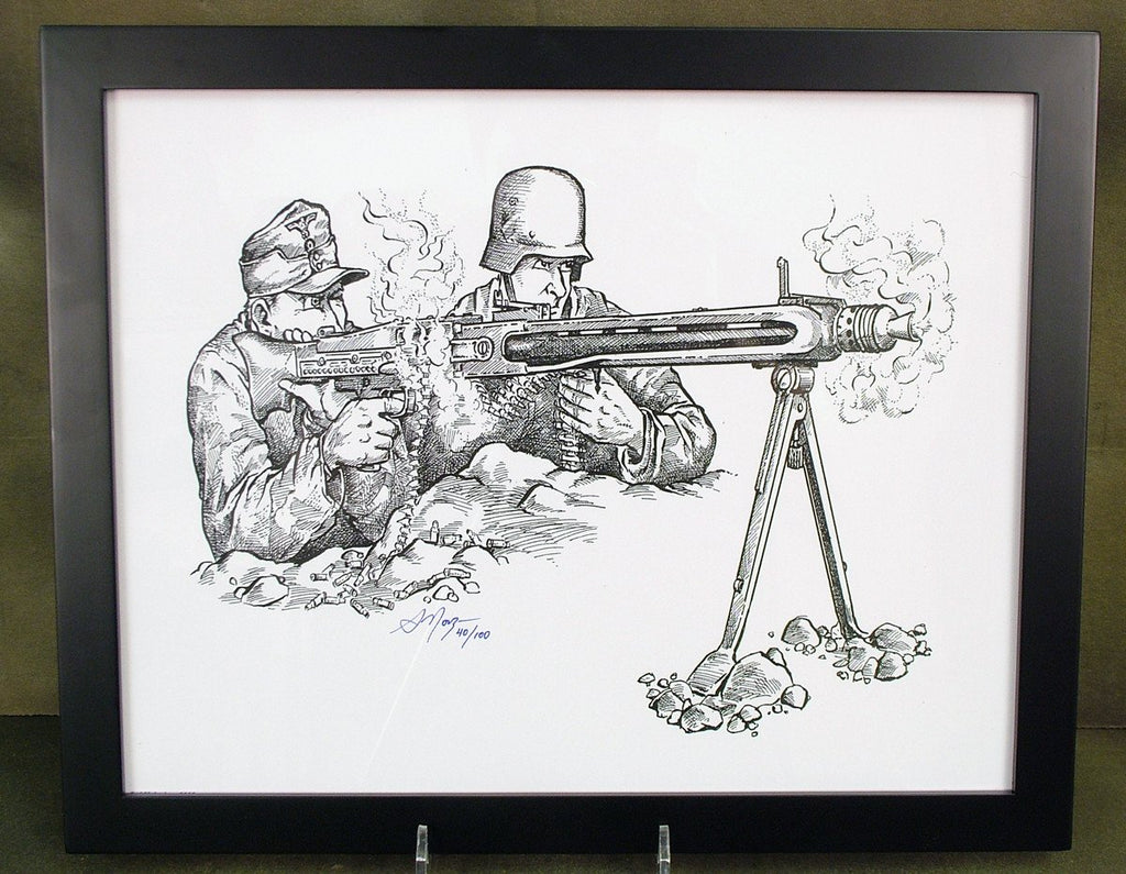 Limited Edition Military Illustrations Signed by Artist: German WWII MG 42 Firing Team Original Items