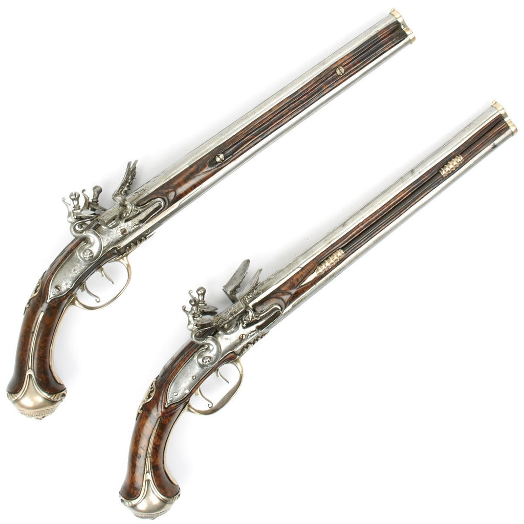 Original French 17th Century Silver Mounted Over-Under Double Barreled Flintlock Pistol Pair with Rare Waterproof Pans Original Items