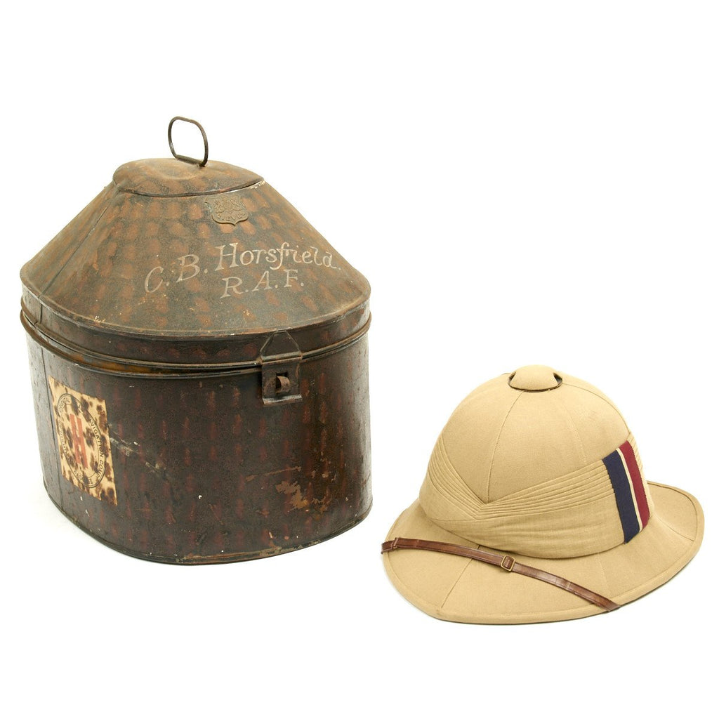 Original British WWII Named Royal Air Force Pith Sun Helmet with Transit Tin by Gieves Original Items