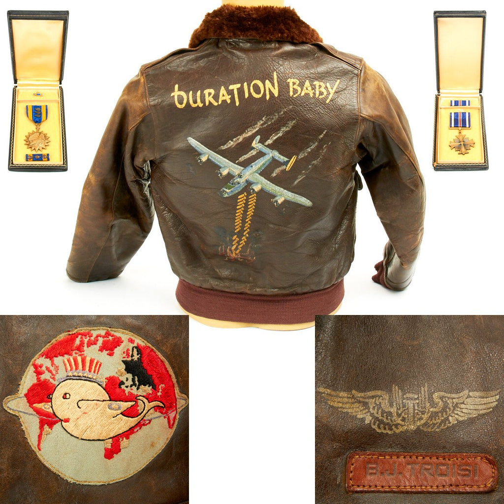 Original U.S. WWII B-24 Liberator Duration Baby Named Leather A-2 Jacket with Medal Grouping Original Items