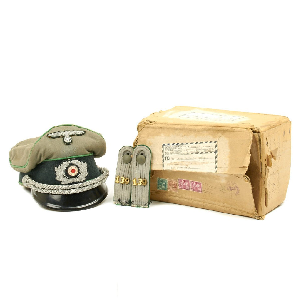 Original German WWII USGI Bring Back in Box - 139th Gebirgsjäger (Mountain Troop) Regiment Officer Peaked Cap and Shoulder Boards Original Items