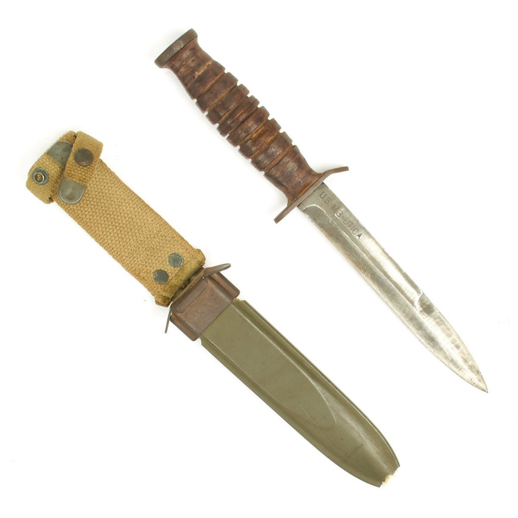 Original U.S. WWII M3 Utica Fighting Knife with M8 Scabbard - Early Blade Marked Version Original Items