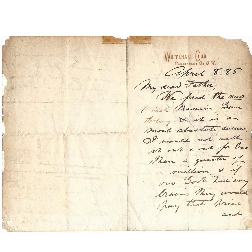 Original British Vickers Family Handwritten Letter of First Maxim Gun Test Fire - A Note That Changed the World- Dated April 8th, 1885 Original Items
