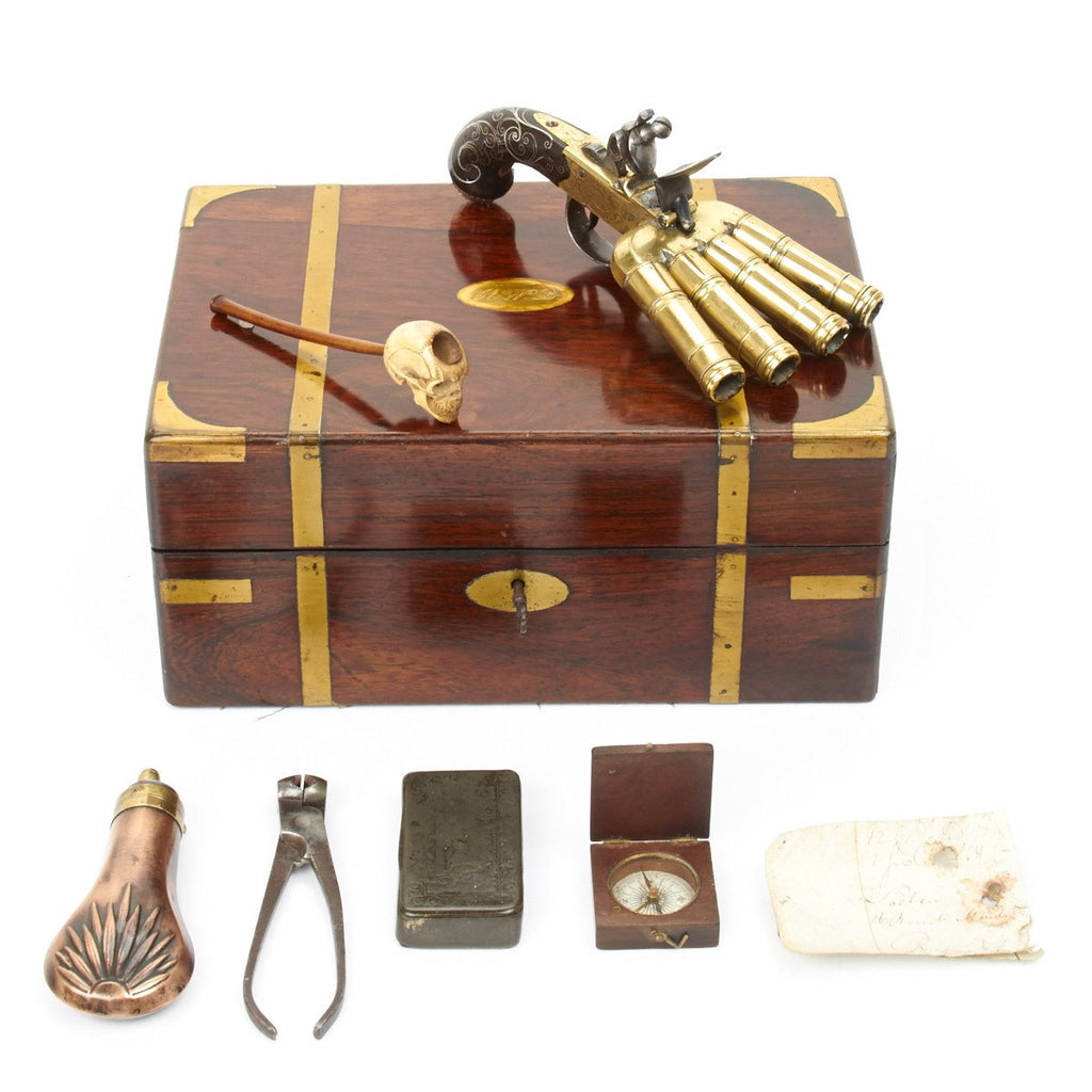 Original 1760 British Cased Ducks Foot Flintlock Pistol Set with Bone Skull Pipe inscribed to Henry W Baynton Original Items