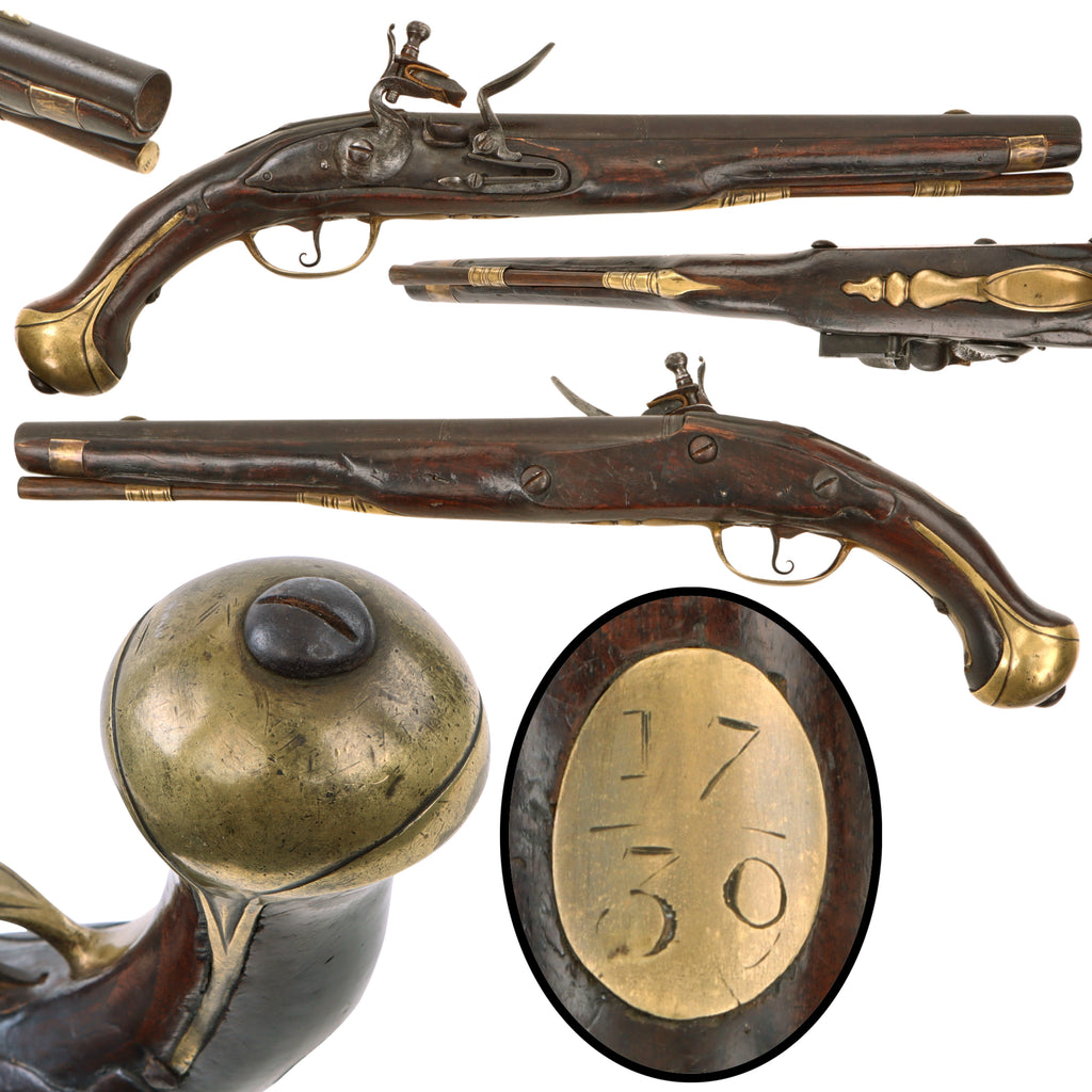 Original American Revolutionary War Era German Hessian Mounted Jäger Style Flintlock Pistol with Brass Mountings, Three Screw Lock, and 17 / 39 Stock Marking, Circa 1750