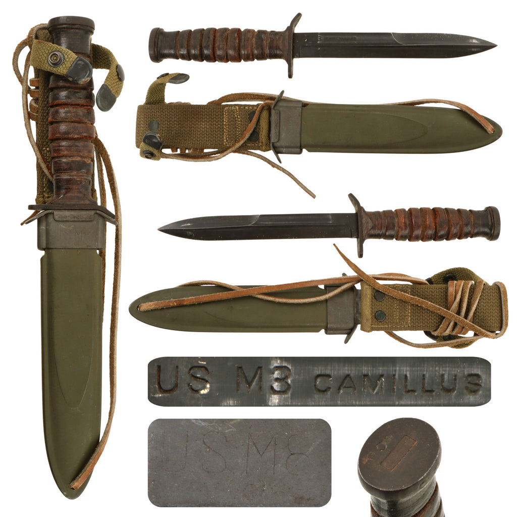 Original U.S. WWII Named Blade Marked Second Pattern M3 Fighting Knife by Camillus with Updated M8 Scabbard by B.M. Co.