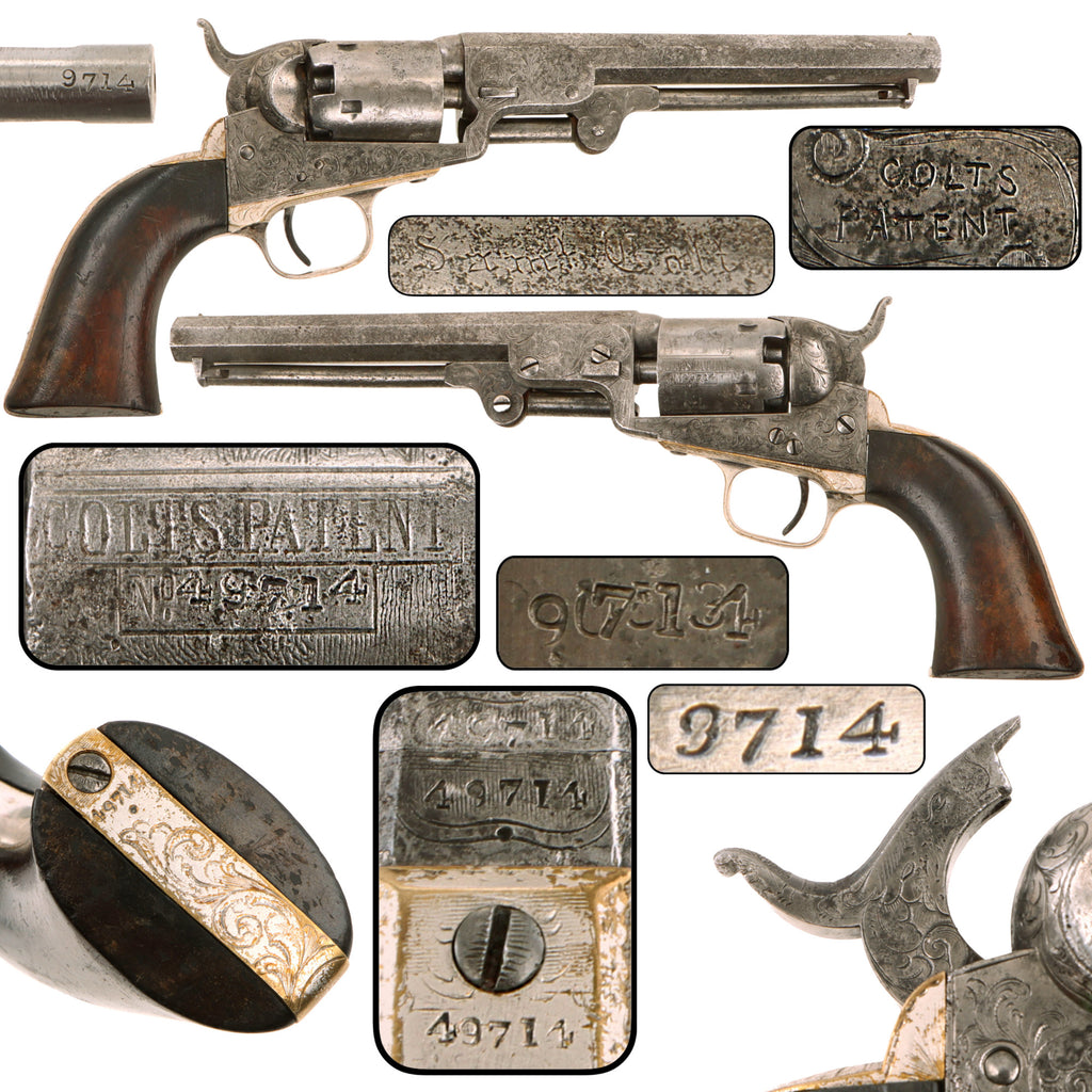 Original U.S. Pre-Civil War Factory Engraved Colt Model 1849 Pocket .31 Caliber Percussion Revolver Attributed to Gustave Young with 6" Barrel, Serial No. 49714, Made in 1852