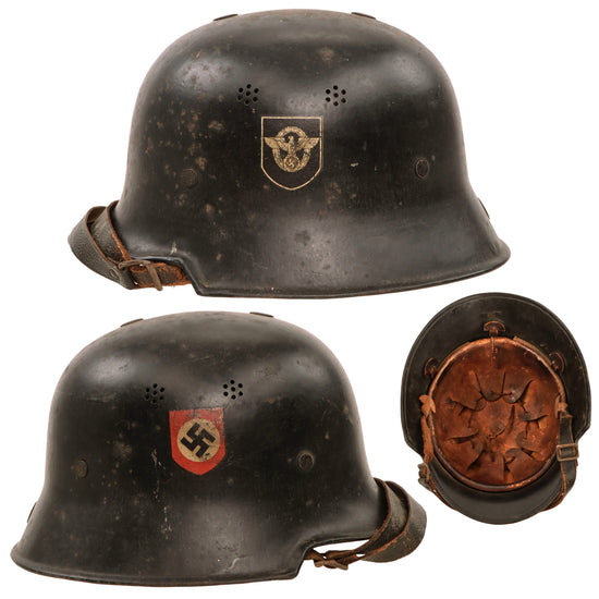 Original German WWII M34 Square Dip NSDAP Double Decal Civic Police Steel Helmet with 54cm Liner and Chinstrap - Ordnungspolizei