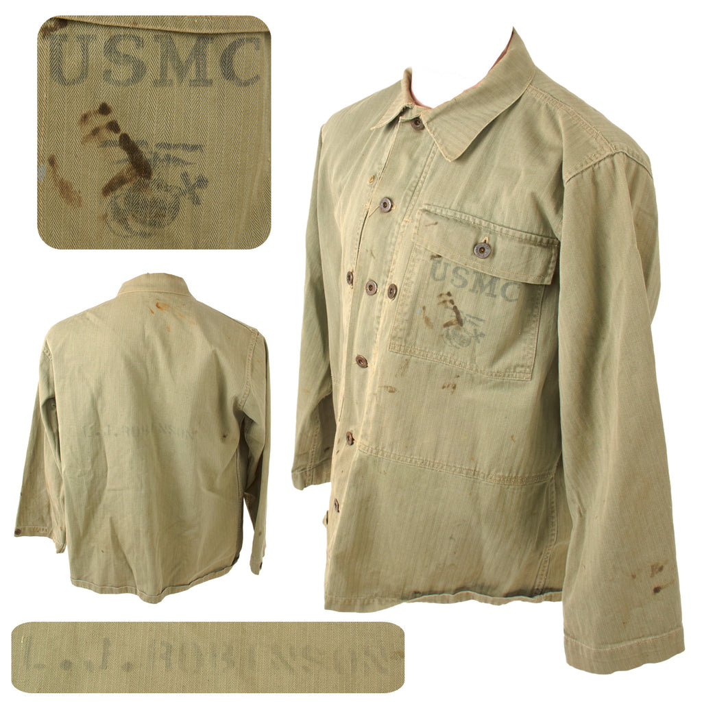 Original U.S. WWII Named USMC HBT Herringbone Twill P44 Combat Field Utility Jacket - Leo J. Robinson