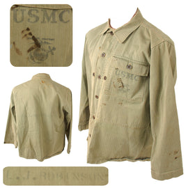 Original U.S. WWII Named USMC HBT Herringbone Twill P44 Combat Field Utility Jacket - Leo J. Robinson