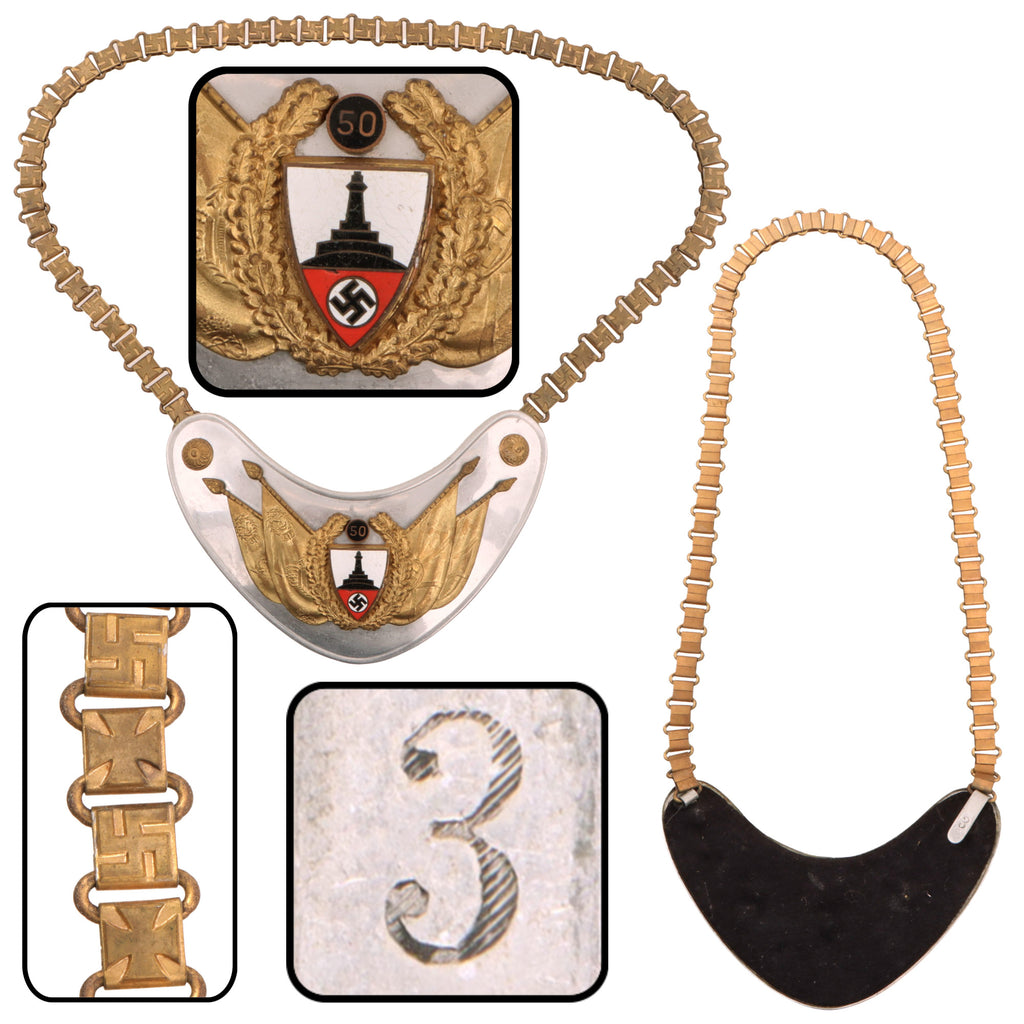 Original German WWII NSRKB Veteran's Association Type I 50-Year Service Standard Bearer Gorget with Chain Original Items