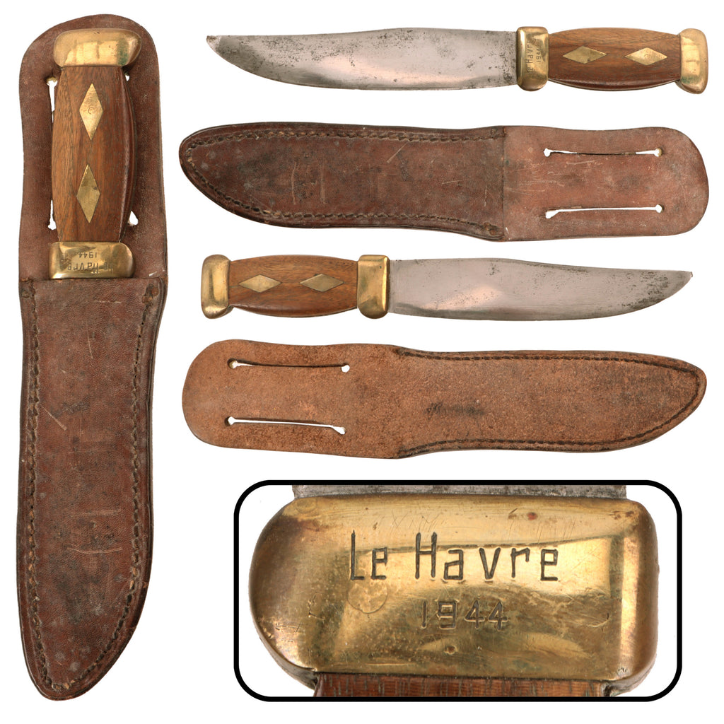 Original U.S. WWII Theater Made Fighting Knife with “Le Havre 1944” Engraved Guard & Sheath