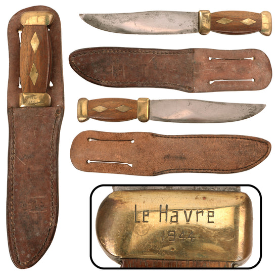 Original U.S. WWII Theater Made Fighting Knife with “Le Havre 1944” Engraved Guard & Sheath