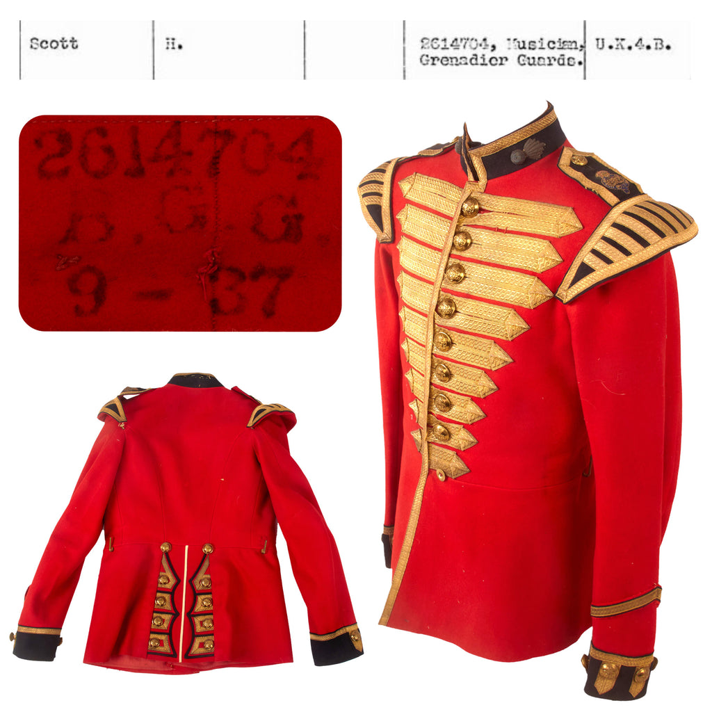 Original British WWII Era Named Grenadier Guards Band Tunic with Shoulder Boards & Stamped Service Number - H. Scott, Musician, Grenadier Guards Original Items