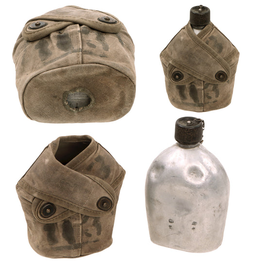 Original U.S. WWII US Marine Corps 4th Type Canteen Cover With Canteen - UNIS Marked For 4th Marine Division Headquarters Original Items