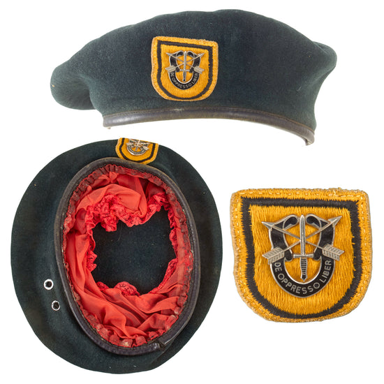 Original U.S. Vietnam War 1st Special Forces Group (Airborne) Green Beret with N.S. Meyer Enamel Badge & Period-Stitched Pair of Women’s Panties as Lining Original Items