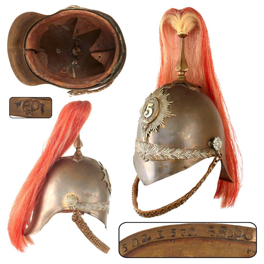 Original British Victorian Era 5th Dragoon Guards Cavalry Helmet with White & Red Plume Original Items