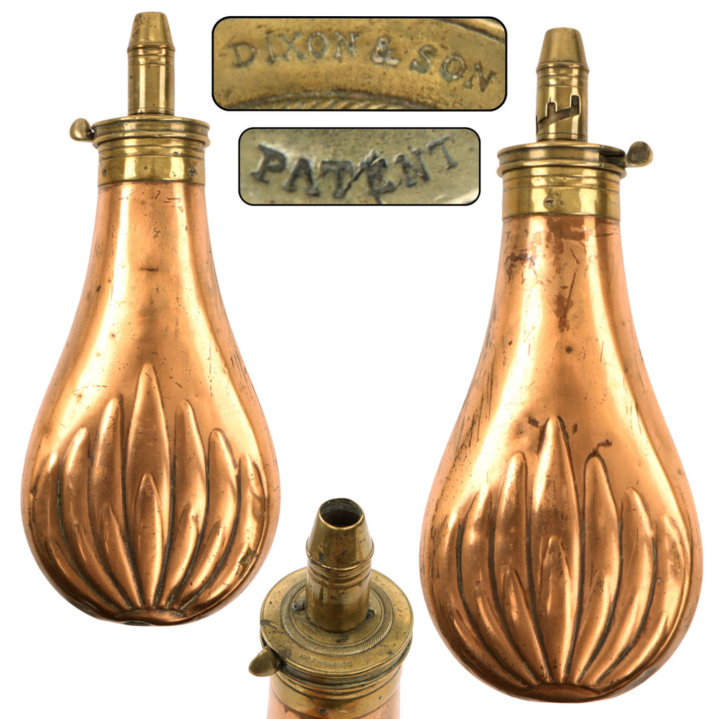 Original British U.S. Civil War Era 1850s Shell & Bush Brass Powder Flask by Dixon of Sheffield
