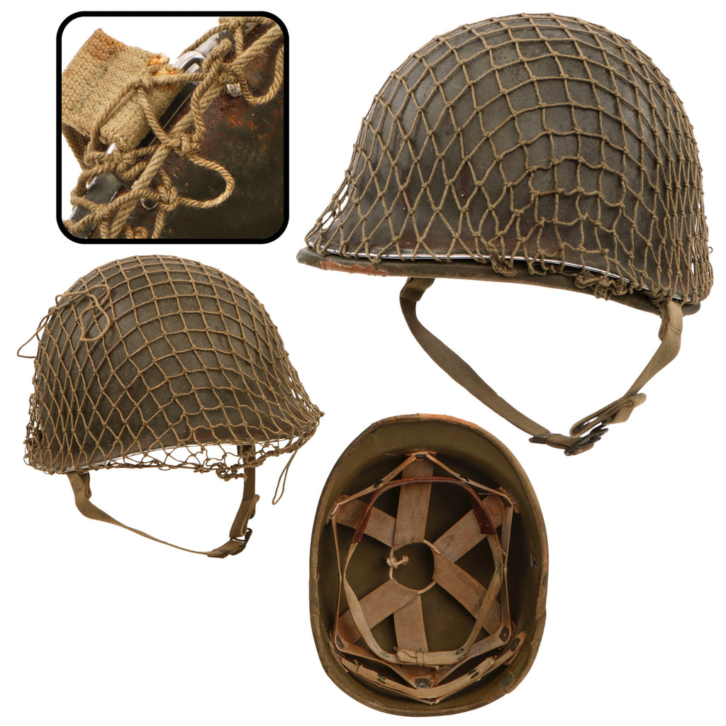 Original U.S. WWII Early McCord Fixed-Bale Front-Seam M1 Helmet with Rare Hawley Paper Liner and Original Helmet Net
