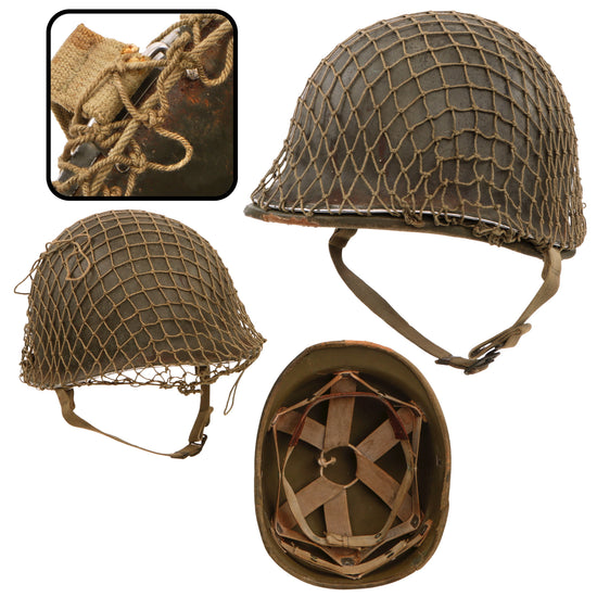 Original U.S. WWII Early McCord Fixed-Bale Front-Seam M1 Helmet with Rare Hawley Paper Liner and Original Helmet Net