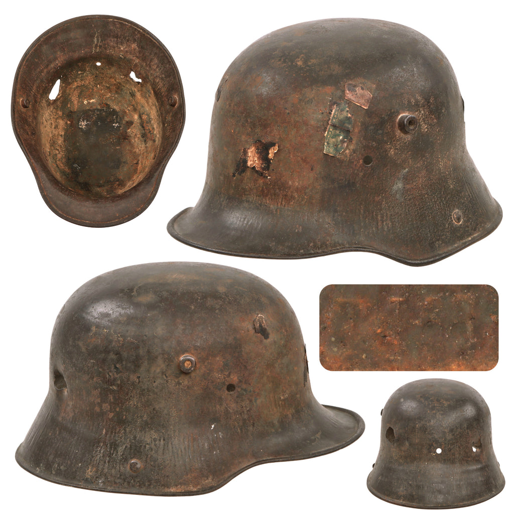 Original Imperial German WWI Rare Large Size Battle Damaged M16 Stahlhelm Helmet Shell with Ship Home Stamp Remnants - Marked TJ68
