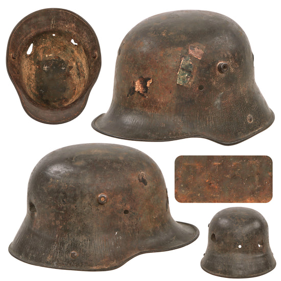 Original Imperial German WWI Rare Large Size Battle Damaged M16 Stahlhelm Helmet Shell with Ship Home Stamp Remnants - Marked TJ68