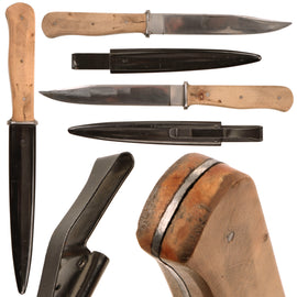 Original German WWII Wood Handle Nahkampfmesser Trench Fighting Knife with Steel Boot Scabbard - Excellent