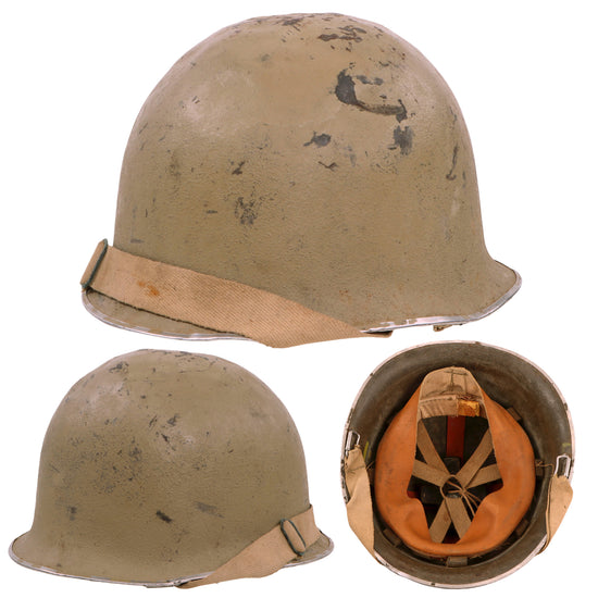 Original Israeli War of Attrition (1967 to 1973) Modified French Modèle 1951 Helmet with Desert Camouflage Paint - Liner & Chinstrap
