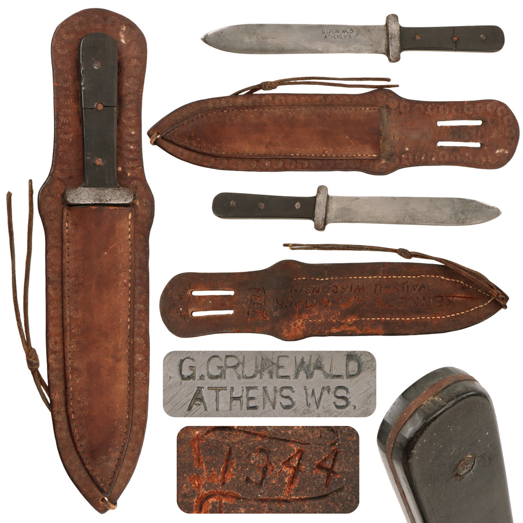 Original U.S. WWII Named Custom Made Fighting Knife by G. Grunewald of Athens, Wisconsin with Custom Sheath - Dated 1944