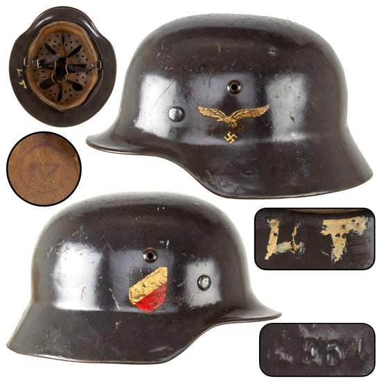 Original German WWII Luftwaffe Double Decal M35 Steel Helmet with 1939 Dated 57cm Liner and Chinstrap, Stamped EF64
