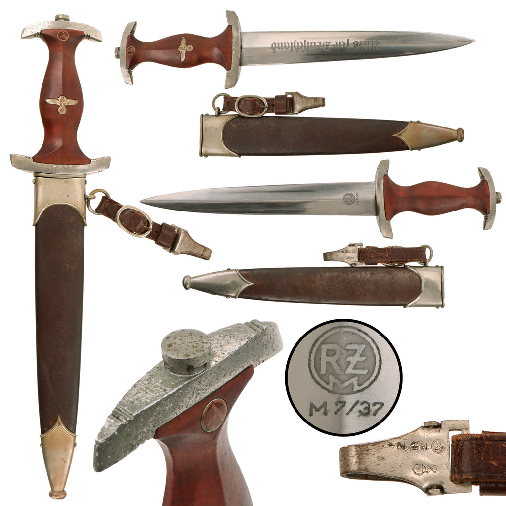 Original German Pre-WWII / WWII SA Model 1933 Service Dagger by Robert Klaas RZM M7/37 with Early Anodized Scabbard & Leather Hanger