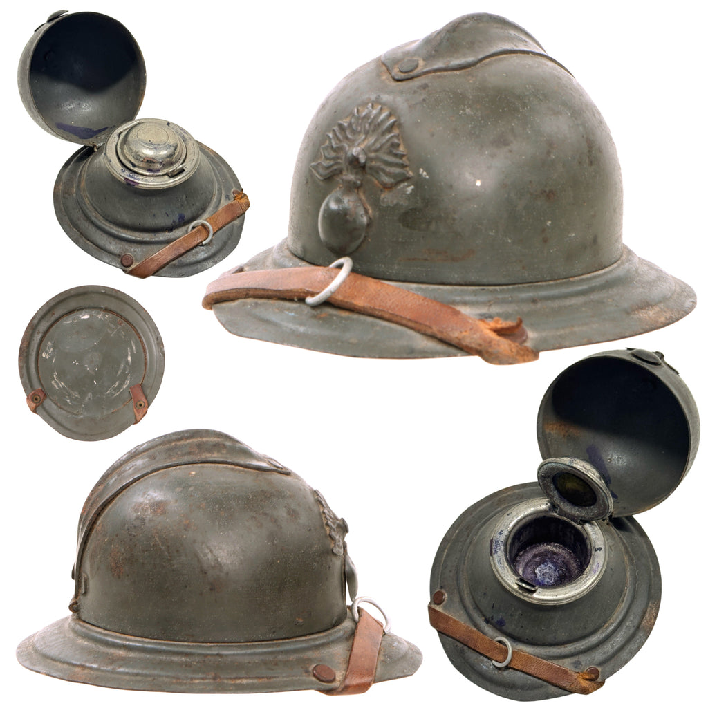 Original French WWI Miniature Model M1915 Adrian Helmet Inkwell with Chinstrap & Inkpot - Rare