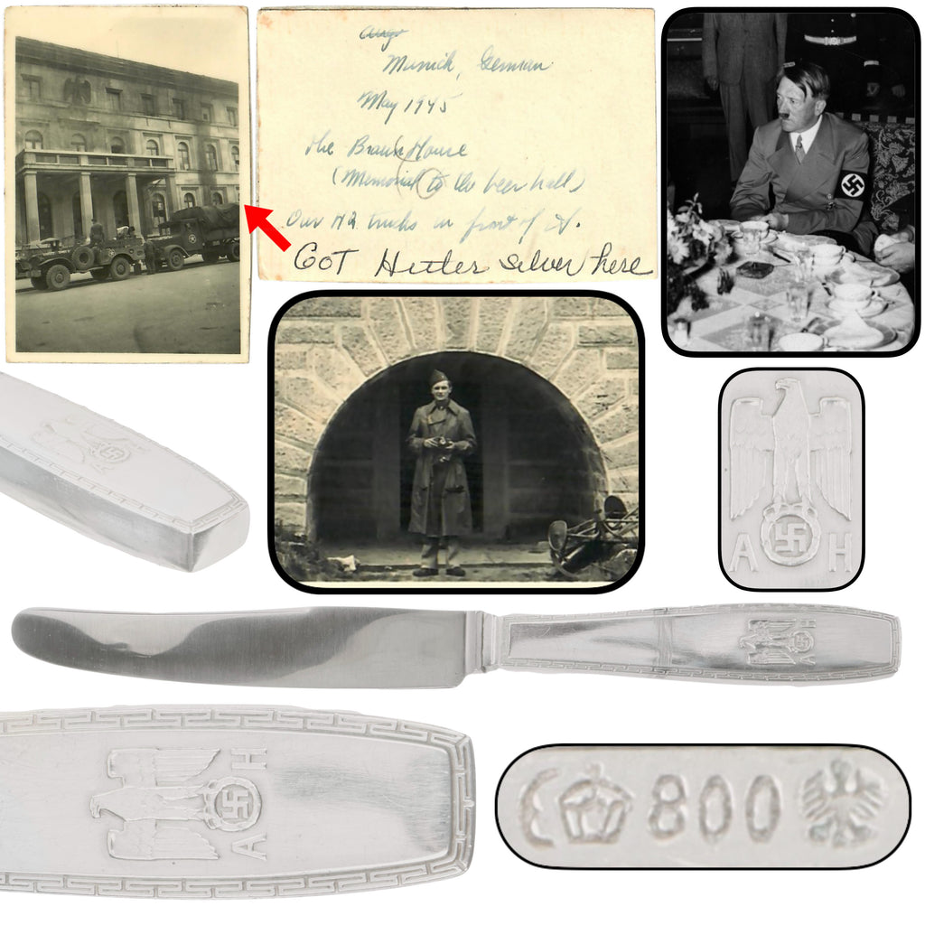 Original German WWII May 1945 Munich Führerbau Recovered AH “Formal Pattern” .800 Silver Luncheon Knife by Bruckmann & Söhne with Notarized Provenance from Captain Abraham Epstein - 1269th Engineer Combat Battalion