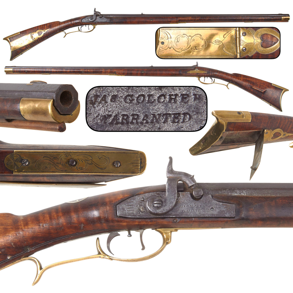 Original U.S. Pennsylvania Lehigh Valley Style .44 Caliber Percussion Long Rifle with Flame Maple Full Stock, JAS. GOLCHER Trade Lock, Patchbox, and Set Trigger, Circa 1850