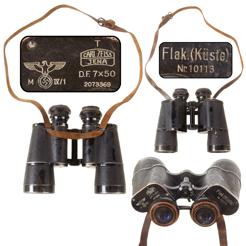 Original German WWII Kriegsmarine Coastal Anti-Aircraft Artillery Marked D.F. 7x50 Doppelfernrohr Binoculars by Carl Zeiss with Neck Strap