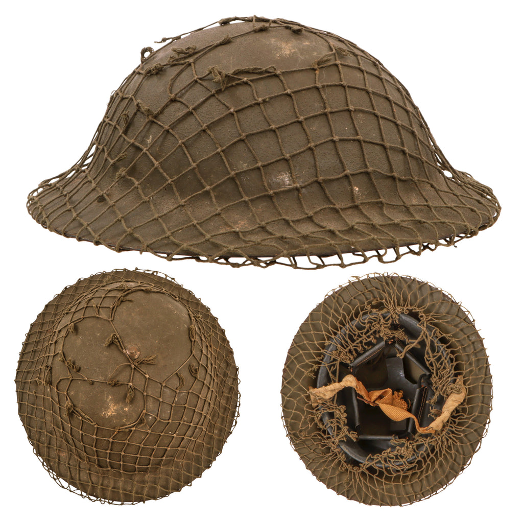 Original Australian WWII Rimless Brodie MkII Steel Helmet with Liner & Torn Helmet Net - Dated 1942