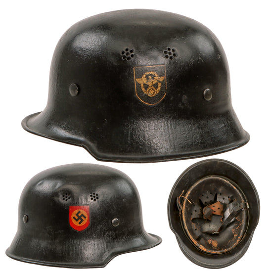 Original German WWII M34 Square Dip Ordnungspolizei Police Double Decal Steel Helmet with HMA Maker Decal, Relic Liner, and Broken Chinstrap