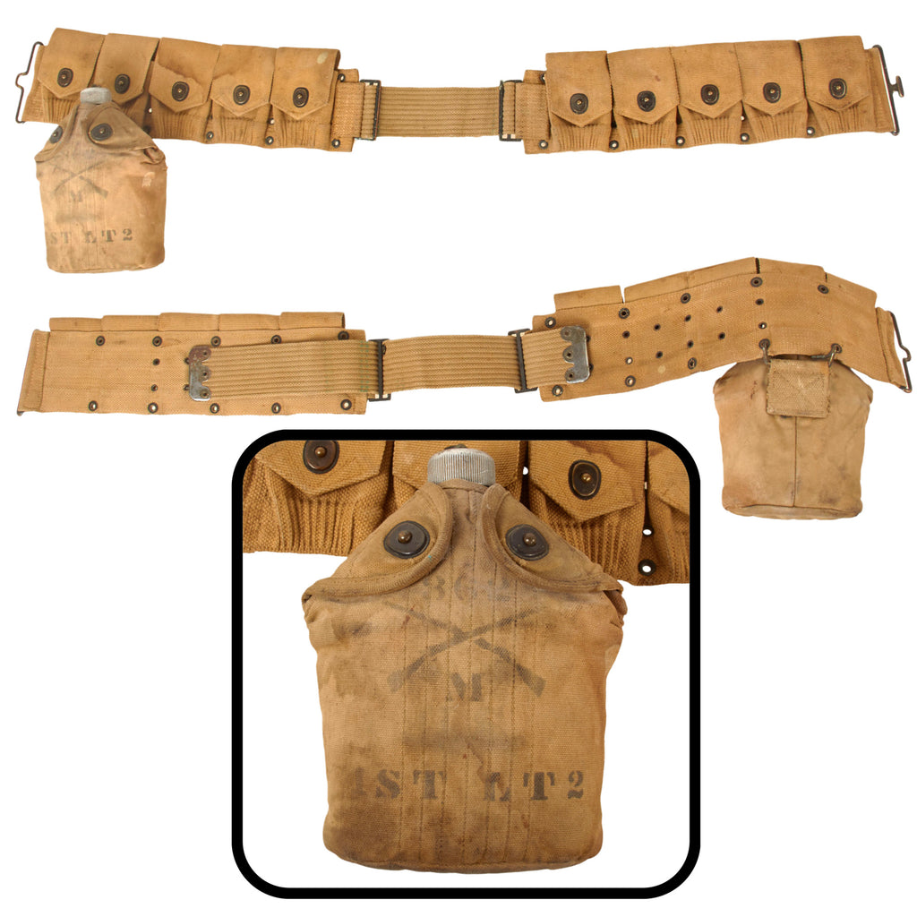 Original U.S. WWI 91st Division M1910 Canteen with Unit-Marked Cover and M1910 Cartridge Belt - 1st Lieutenant, Company M, 362nd Infantry Regiment