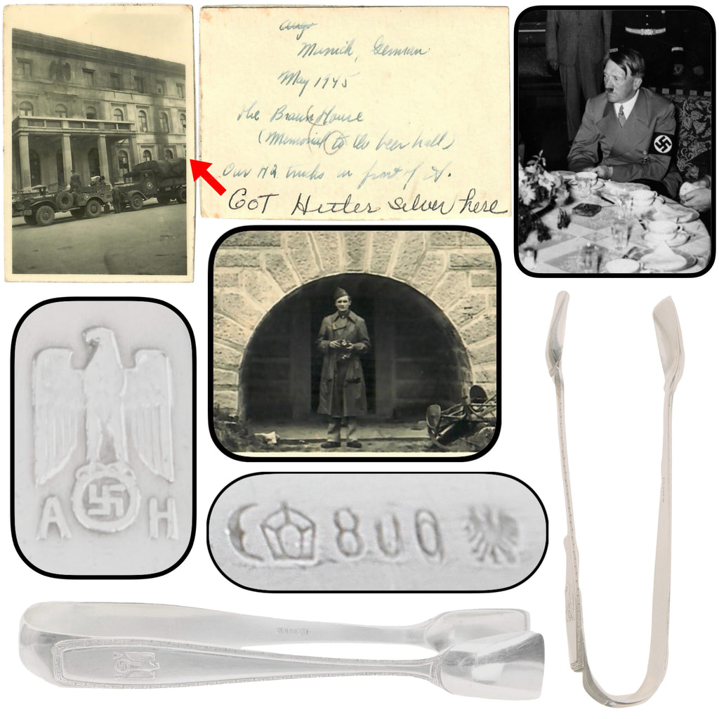 Original German WWII May 1945 Munich Führerbau Recovered AH “Formal Pattern” .800 Silver Sugar Cube Tongs by Bruckmann & Söhne with Notarized Provenance from Captain Abraham Epstein - 1269th Engineer Combat Battalion