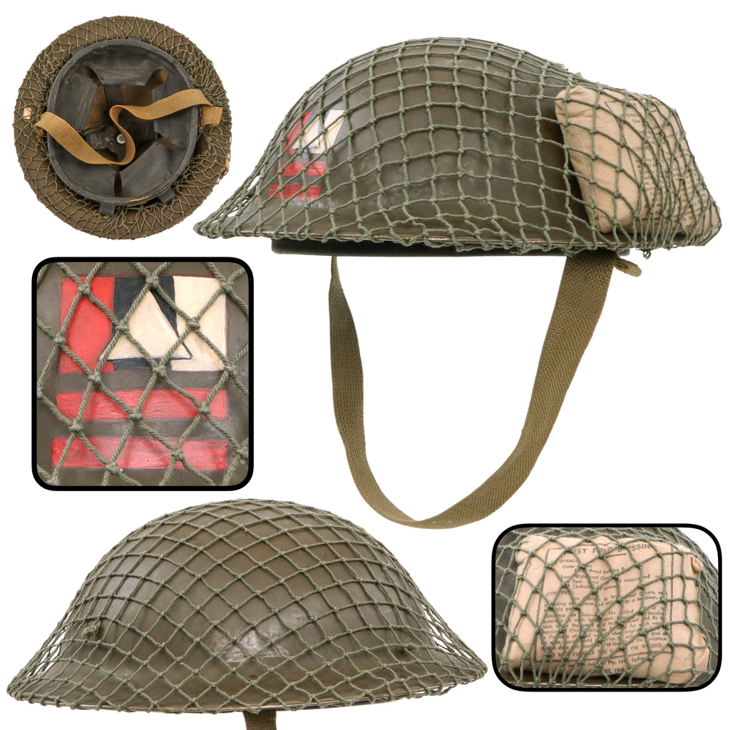 Original Canadian WWII MkII Brodie Steel Helmet in Large Size with Painted Unit Flash and Australian-Made Field Dressing - Dated 1941