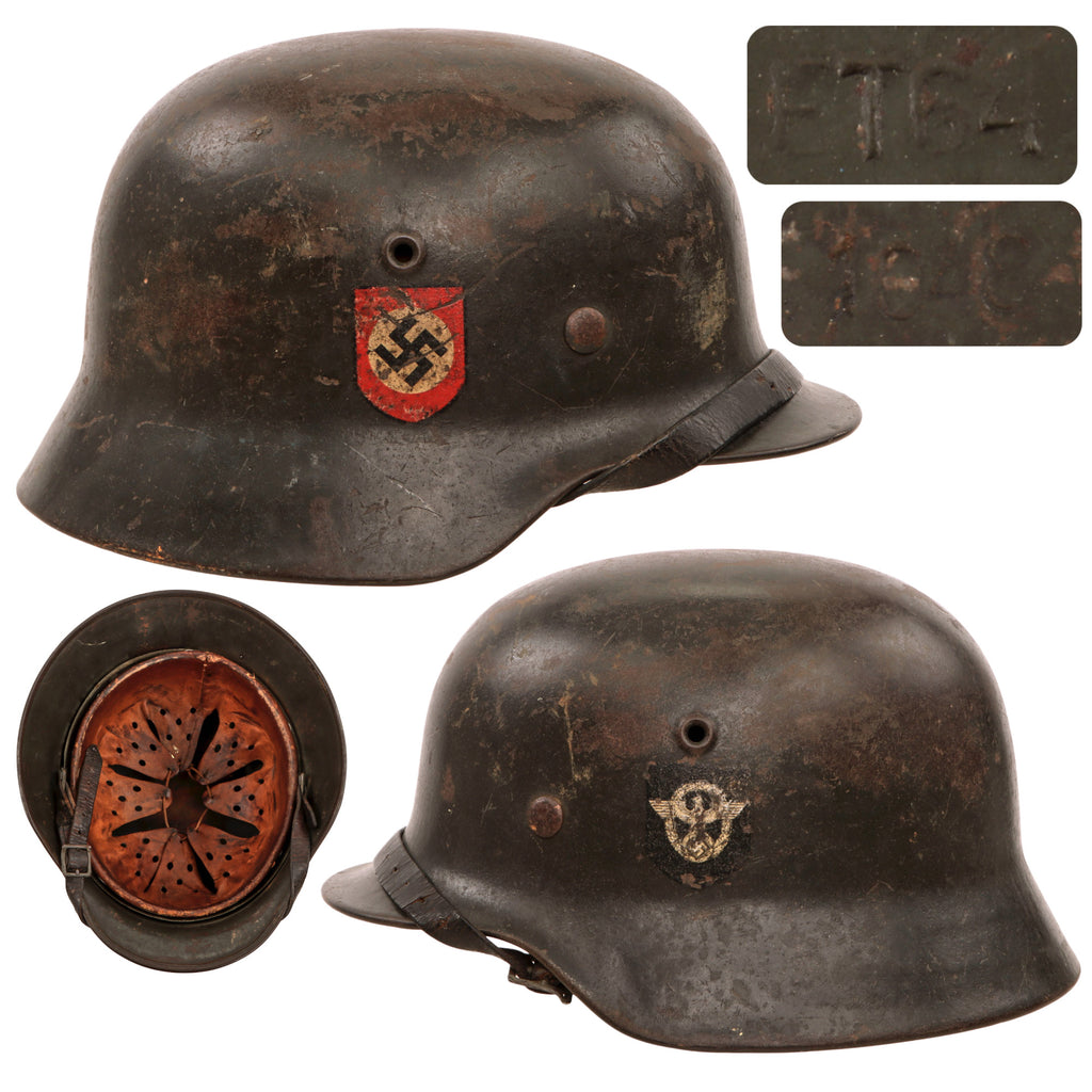 Original German WWII Double Decal Civic Police M40 Steel Combat Helmet with 56cm Liner and 1941 Dated Chinstrap, Stamped ET64