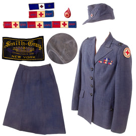 Original U.S. WWII American Red Cross ARC Female Uniform Tunic, Skirt, and Hat with Post-War 10 Year Service Pin and Four Theater Ribbons