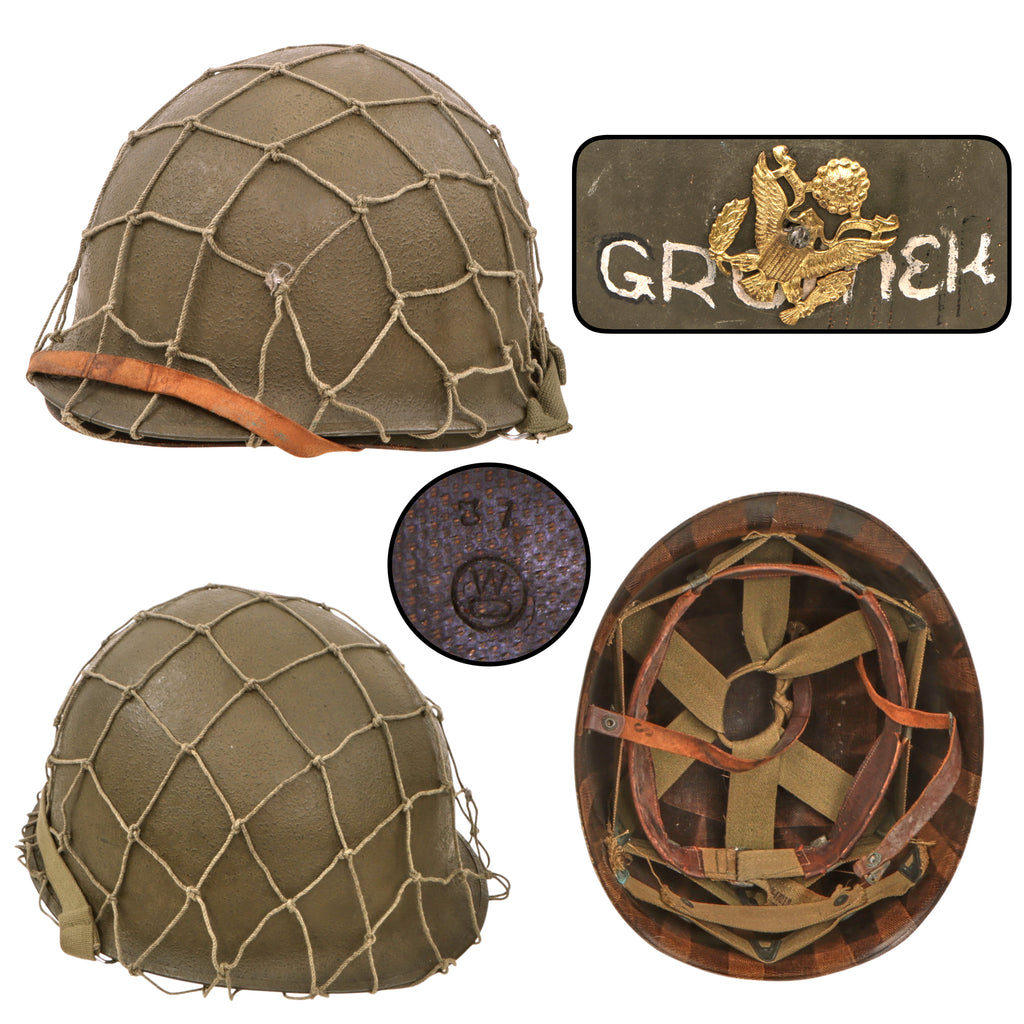 Original U.S. WWII Schlueter Front-Seam Swivel-Bale M1 Helmet with Westinghouse Liner and Period Helmet Net