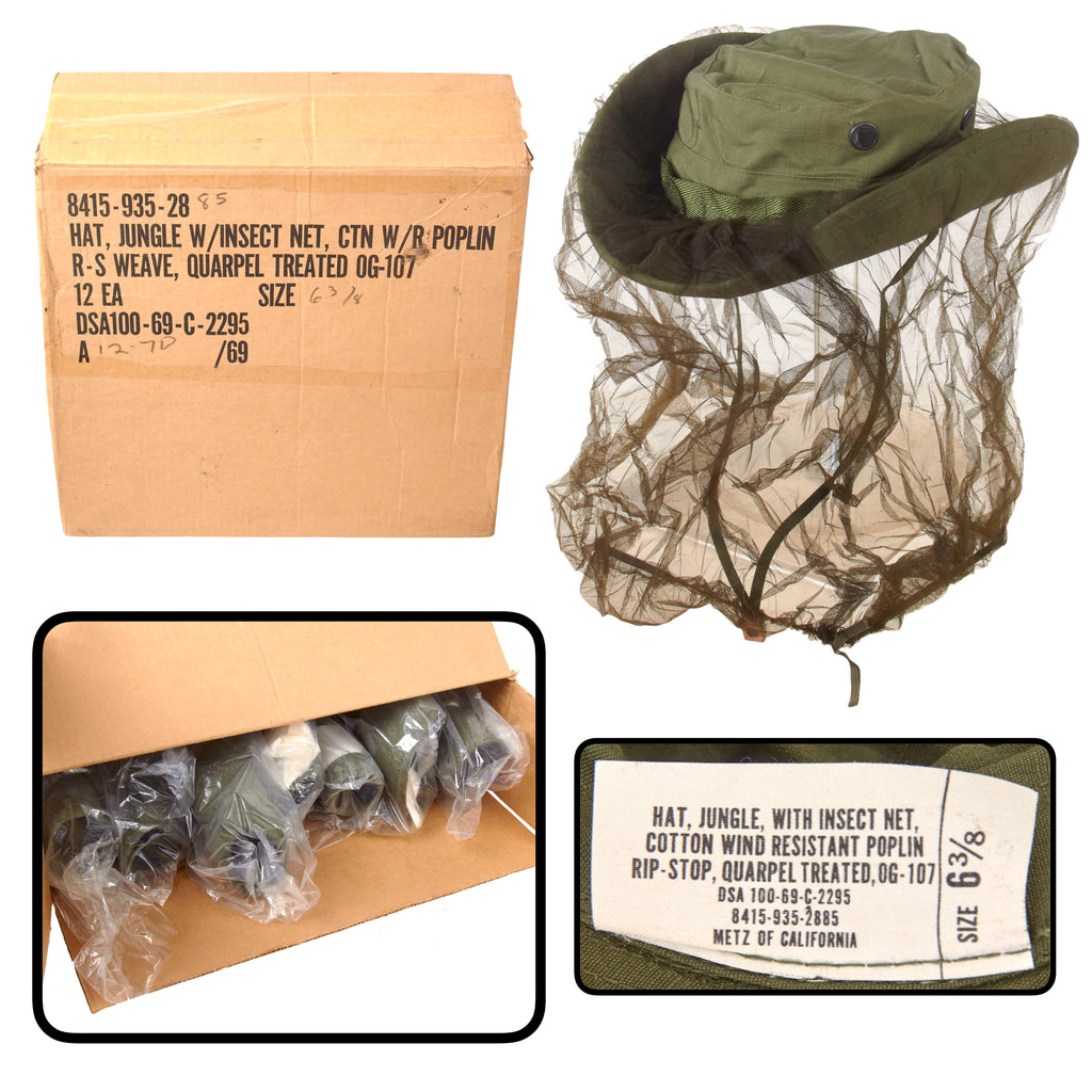 Original U.S. Vietnam War Box of 8 NOS Jungle Boonie Hats with Insect Nets by Metz of California - Size 6 ⅜ - Dated December 1970