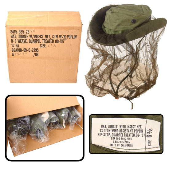 Original U.S. Vietnam War Box of 8 NOS Jungle Boonie Hats with Insect Nets by Metz of California - Size 6 ⅜ - Dated December 1970