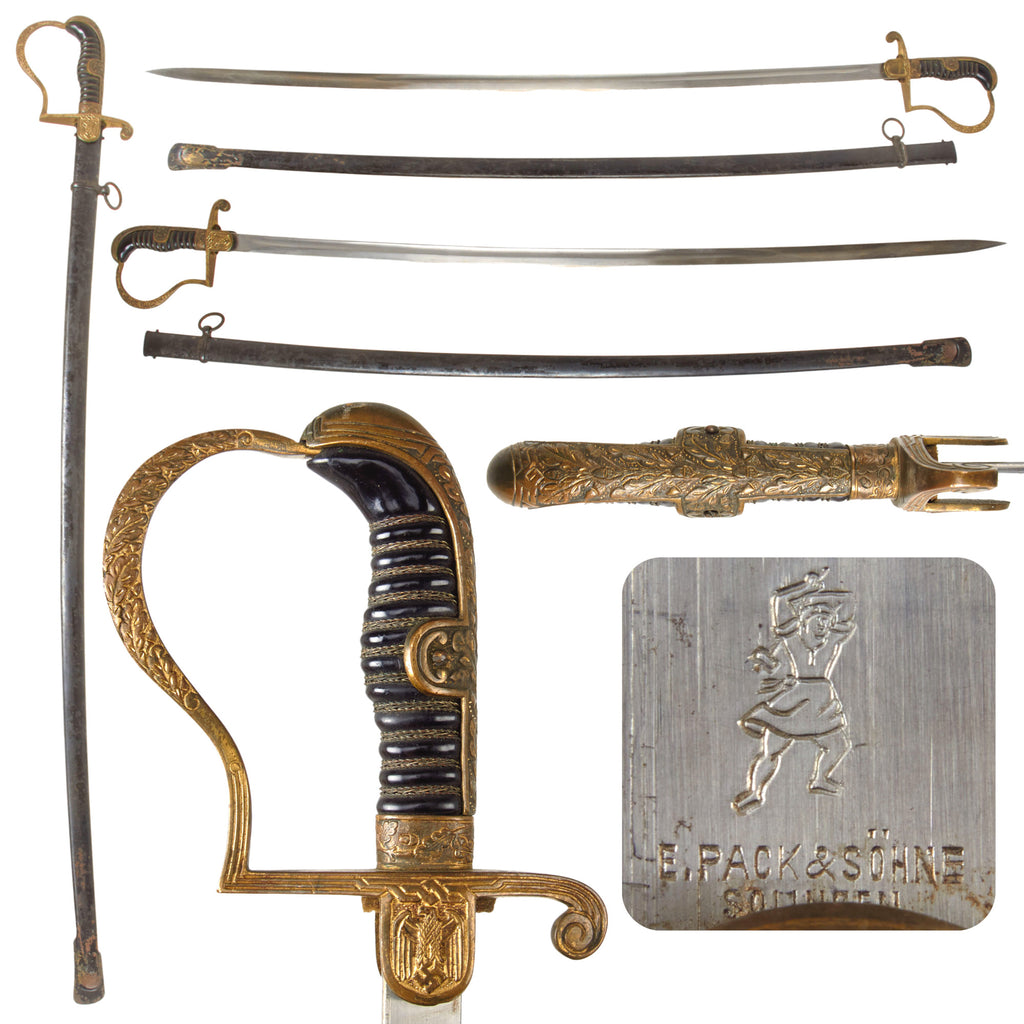 Original German WWII Army Officer Dove Head Sword by E. Pack & Söhne of Solingen with Blued Steel Scabbard