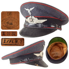Original German WWII Luftwaffe 1937 Dated Flakkorps Unit Marked EM/NCO Schirmmütze Visor Cap by LEPARO Leonhard Paulig - Size 56