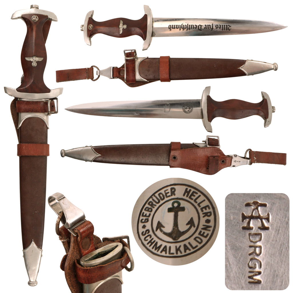 Original German Pre-WWII Early SA Dagger by Gebrüder Heller of Schmalkalden with Large Anchor Logo, Scabbard, Rare Vertical Hanger, and Belt Loop