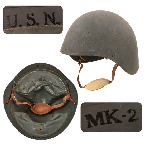 Original U.S. WWII Navy USN MK2 Talker Flak Helmet with Chin Strap Original Items
