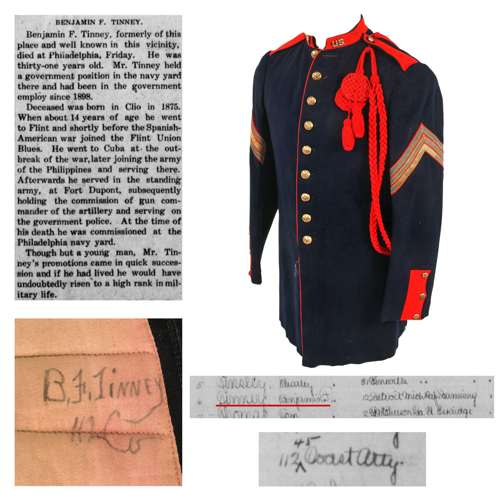 Original U.S. Pre-WWI Named M1885 Artillery Uniform Coat with Aiguillette - Sergeant Benjamin F. Tinney, 112th Coastal Artillery - Spanish American War Veteran Original Items